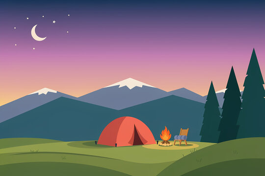 Red tent camping with campfire under a crescent moon and mountains