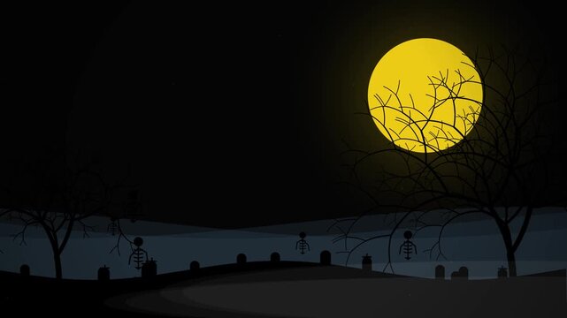 Spooky Cemetery Night Landscape with Skeletons and Big Full Moon Halloween Animation