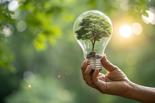 Green energy and renewable energy concept, environmental sustainability, eco friendly technology, global warming solution. Hand holding light bulb with green world globe inside on nature background.