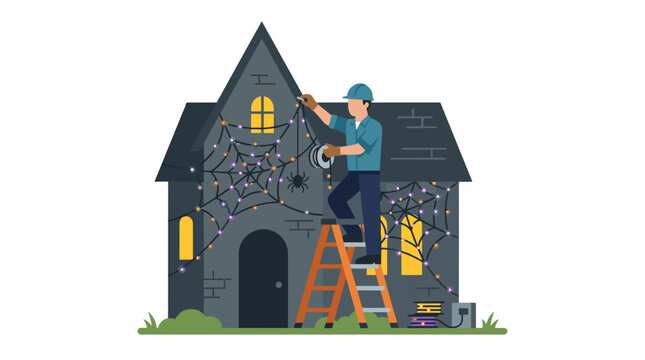 A professional worker decorating a haunted house exterior with artificial spider webs and glowing string lights for a spooky hallowen celebration and seasonal outdoor event