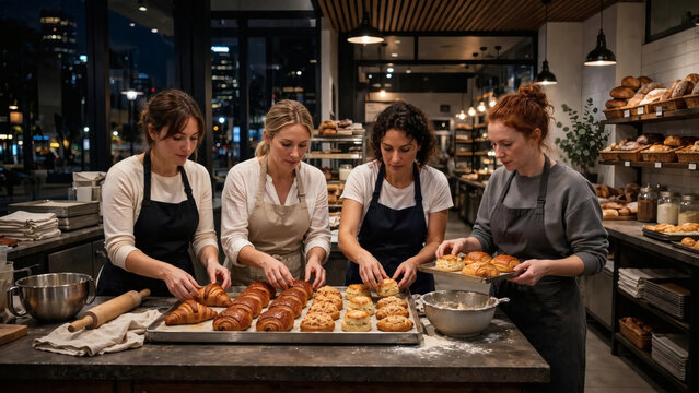Bakery team preparing croissants in kitchen