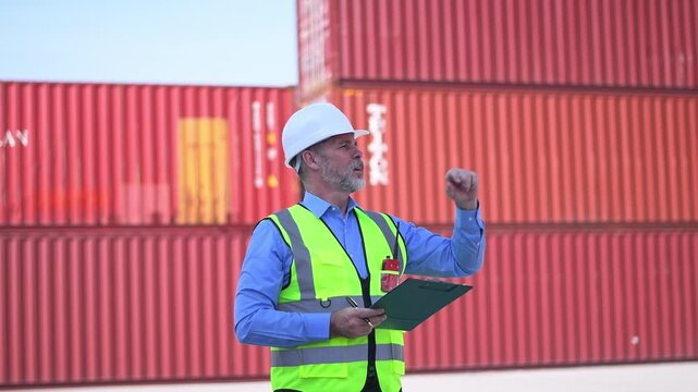 Engineers wearing safety helmets and high visibility clothing discussing logistics and inspecting shipping terminal representing container management freight.