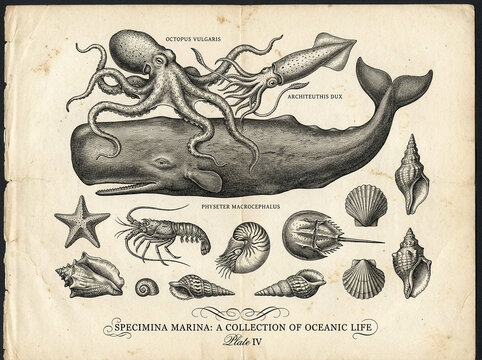 Marine life collection featuring detailed vintage illustrations of a whale octopus squid and various sea shells on textured aged paper