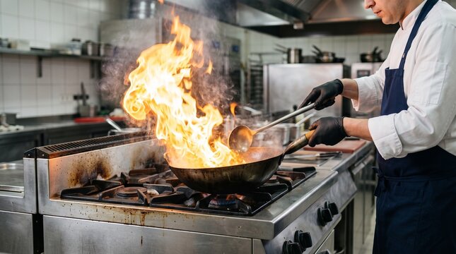 Professional chef cooking with large flambe flame in steel wok pan on commercial gas stove conveying high heat culinary technique and restaurant kitchen action