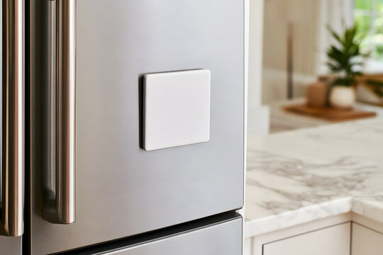 A blank white square fridge magnet mockup sits on a stainless steel refrigerator door, surrounded by an empty magnetic frame. The minimalist home interior features a modern fridge, a marble countertop