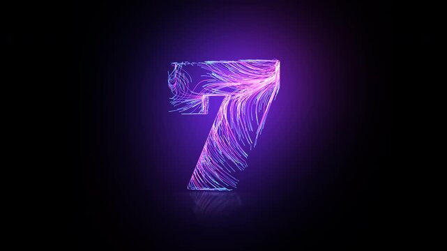 Abstract numbers animation with glowing neon light trails. Different numerals smoothly transform into one another. Bright fiber-like light trails create a dynamic 3D countdown sequence.