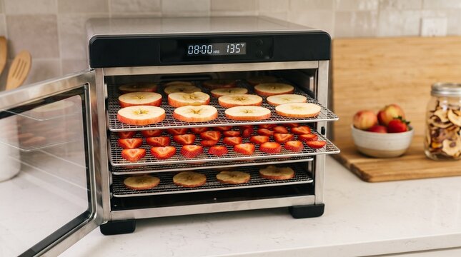 Electric food dehydrator machine drying sliced apples and strawberries on metal racks showcasing healthy snack preparation and food preservation technology