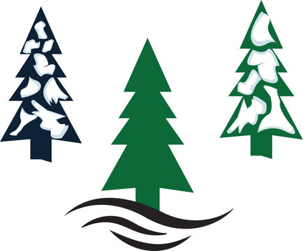 Three different styles of evergreen christmas trees icon set Vector, illustration