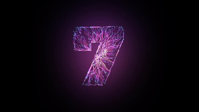 Abstract numbers animation with glowing neon light trails. Different numerals smoothly transform into one another. Bright fiber-like light trails create a dynamic 3D countdown sequence.