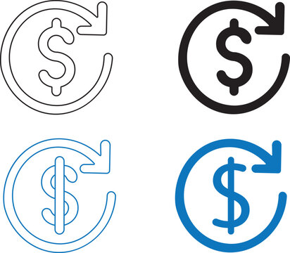 Outline and solid dollar currency refund and cashback icon set, Vector icon set of dollar currency refund. Cost reduction icon, dollar decrease, profit decline, and cost saving symbols