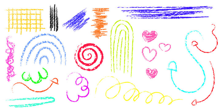 Set of colorful doodle crayons, hand drawn design element. Vector graphic crayons, childish texture, abstract scribble illustration