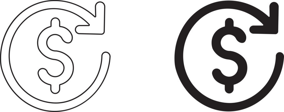 Outline and solid dollar currency refund and cashback icon set, Vector icon set of dollar currency refund. Cost reduction icon, dollar decrease, profit decline, and cost saving symbols