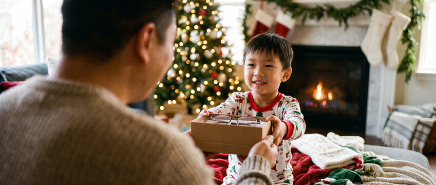 Child giving eyeglasses gift at Christmas
