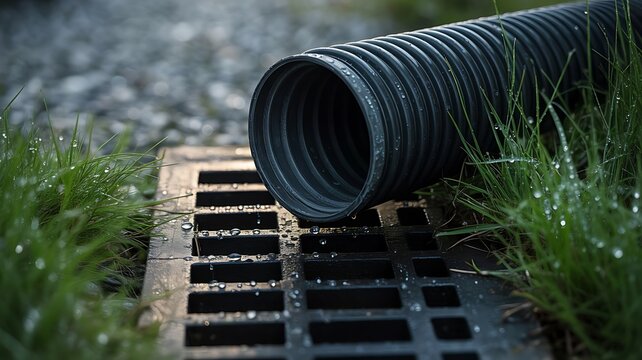 Corrugated black plastic drainage pipe resting on a metal storm drain grate in a grassy area with morning dew drops on the green blades of grass