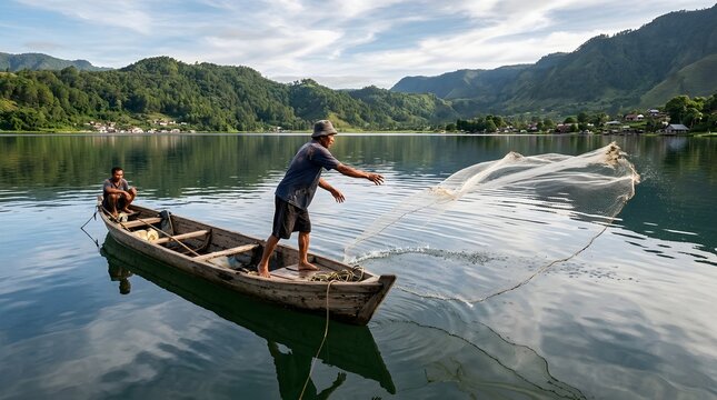 Traditional fisherman casting net on serene lake with mountains