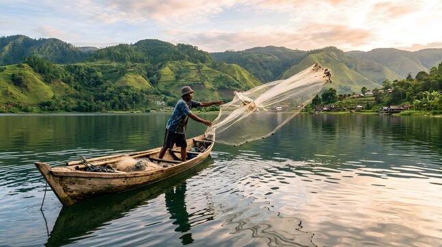 Traditional Fisherman Casting Net from Wooden Boat on Serene Lake