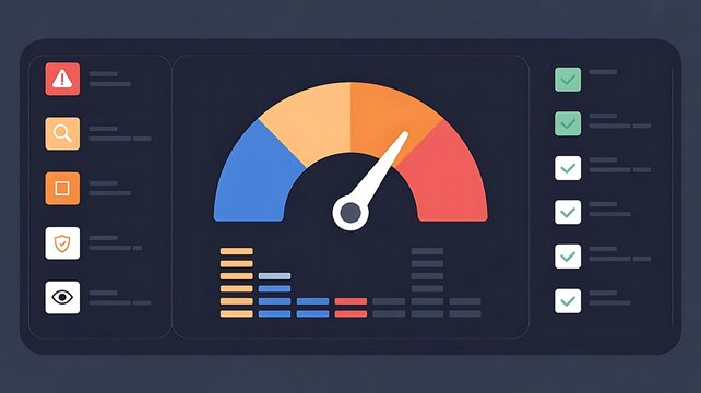 Digital dashboard interface showing a colorful speedometer gauge and bar charts with various status and checkmarks on a dark blue background