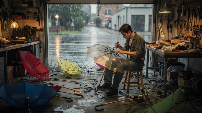A young man repairing broken umbrellas in a cluttered workshop during a rainy day.