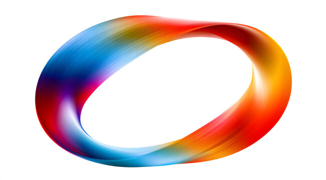 Abstract, colorful, gradient mobius strip on a white background. Vibrant 3D loop with smooth curves and twisting ribbon shape. Modern, flowing design shows endless geometric motion. Bright spectrum co