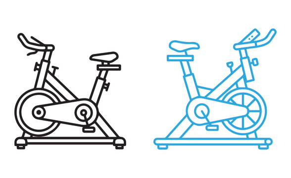 Stationary cycling gym bike line art icons in two colors with exercise bike