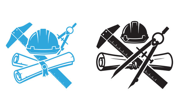 Construction and engineering icons with blueprint hard hat and drafting tools