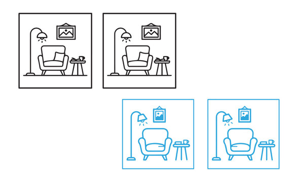 Interior living room furniture line art icons featuring armchair lamp and table