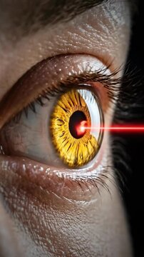 Close up of a human eye with a red laser beam pointing into the pupil against a dark background