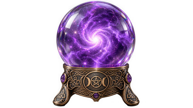 Magic purple crystal ball on ornate celtic stand