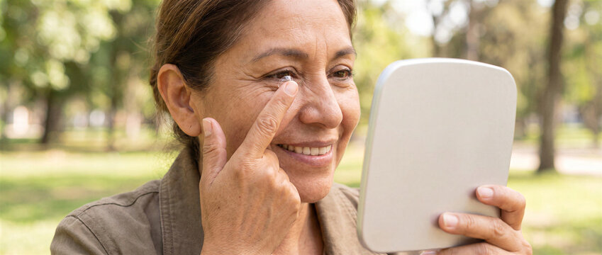 Woman inserting contact lens outdoors with mirror