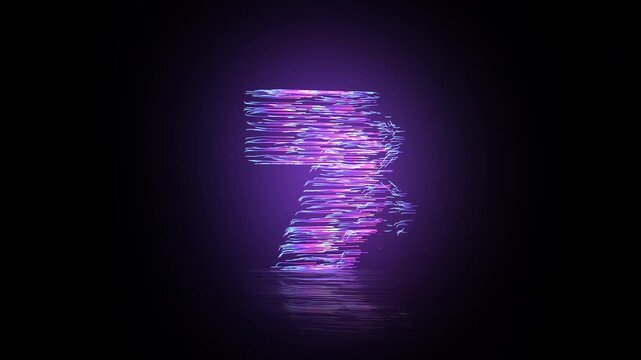 Abstract numbers animation with glowing neon light trails. Different numerals smoothly transform into one another. Bright fiber-like light trails create a dynamic 3D countdown sequence.