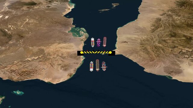 Animated satellite map showing cargo ships blocked at Bab el-Mandeb