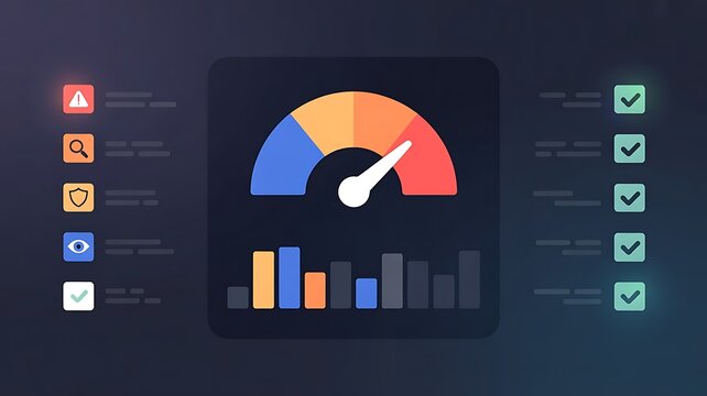 Modern analytics dashboard with a central speedometer gauge and bar graphs surrounded by status and green checkmarks on a dark blue background
