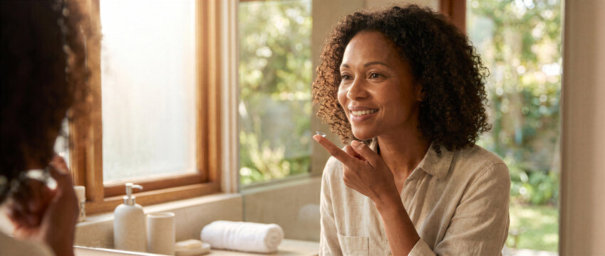 Afro American woman preparing contact lens at mirror