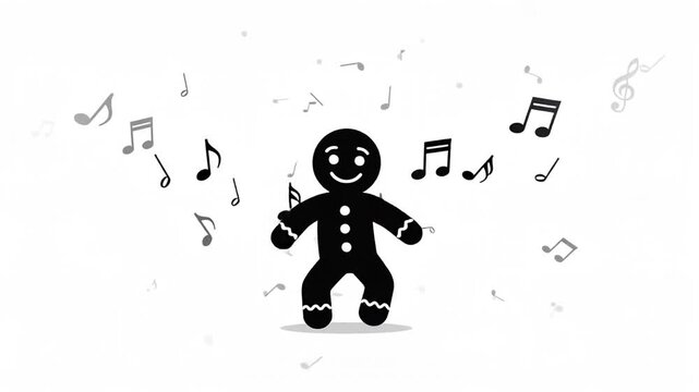 Happy gingerbread man dancing with floating musical notes, festive holiday animation, minimalist christmas motion on white