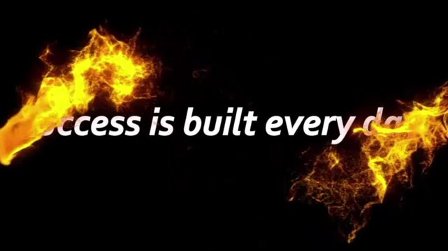 Success text displayed against a dynamic fiery background featuring glowing orange flames and sparks illustrating ambition and hard work to inspire viewers pursuing their goals and dreams today.