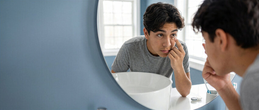 Young man inserting contact lens at bathroom mirror