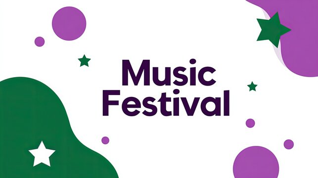 logo, consist of abstract style shape, text "Music Festival" , purple and green stars, big letters with the words Music Festival , solid background , simple design