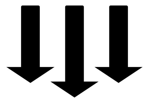 Three black vertical down arrows pointing down isolated