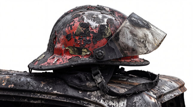 Charred and damaged firefighter helmet resting on burnt wreckage, symbolizing bravery, sacrifice, and danger