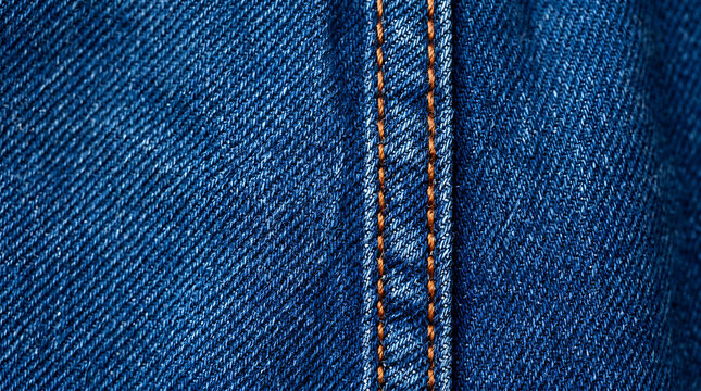 Close up of classic blue denim texture with a contrasting orange seam running vertically down the center