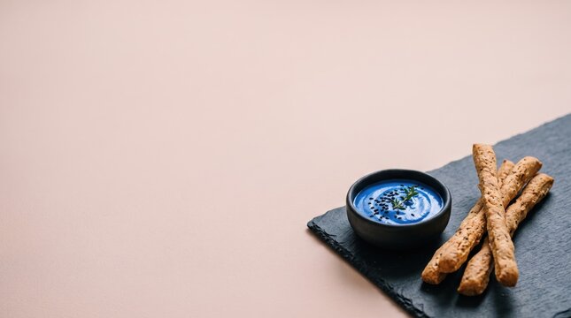 Blue spirulina hummus dip with crispy breadsticks on a slate plate for a modern food menu