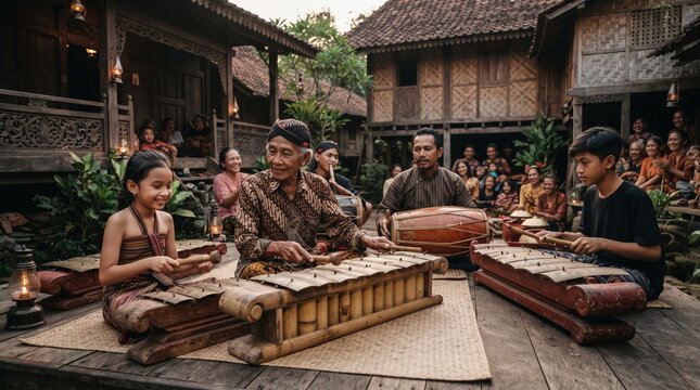 An Indonesian elder teaching children how to play traditional gamelan and bamboo xylophone instruments in a Javanese village