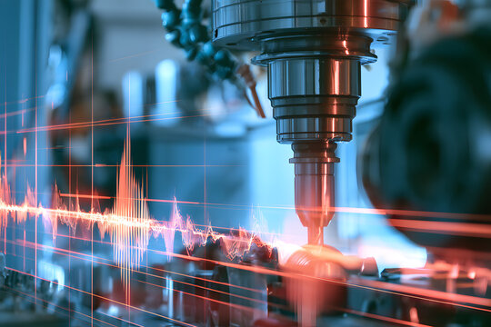 The CNC machine uses a digital overlay to display vibration data for precision engineering and smart factory automation.