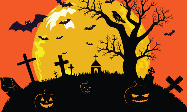 Halloween graveyard vector illustration with full moon spooky tree pumpkins raven and bats isolated on white background