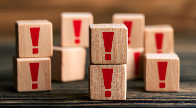 Red exclamation marks appear on wooden blocks. These objects signify caution, risk, and an important message. Such symbols highlight safety and indicate the need for attention.