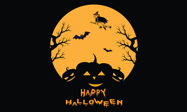 Happy Halloween banner background with flying witch full moon pumpkins and bats vector illustration