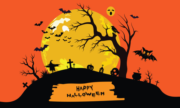 Happy Halloween banner background with full moon cemetery spooky tree scarecrow and bats vector illustration