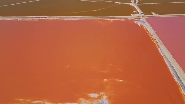Aerial view of colorful salt evaporation ponds