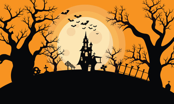 Happy Halloween banner background with haunted castle full moon spooky trees graveyard and bats vector illustration