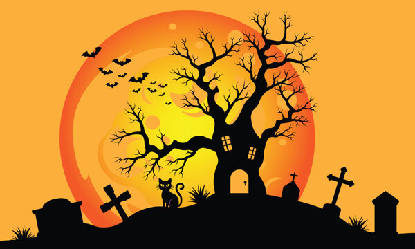 Happy Halloween banner background with full moon spooky tree house black cat graves and bats vector illustration